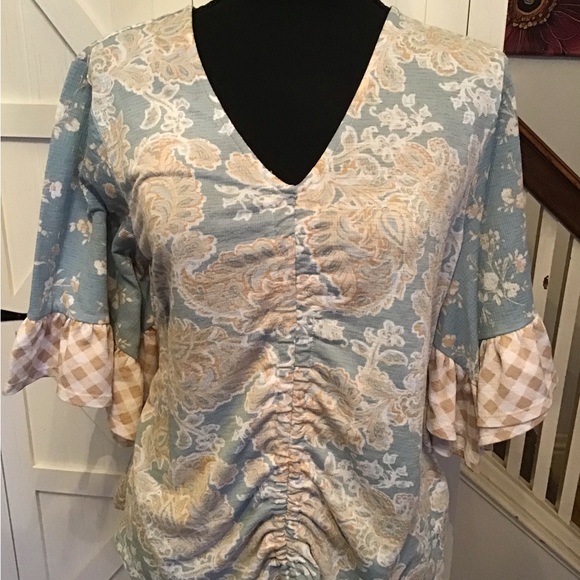 Cato Tops - Cato Blue and Cream Ruched Floral Blouse